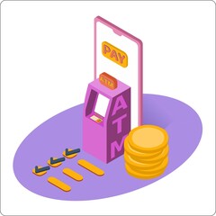 Online payment. ATM mockup and mobile phone and coin. 3d isometric vector illustration. Popular flat colors.