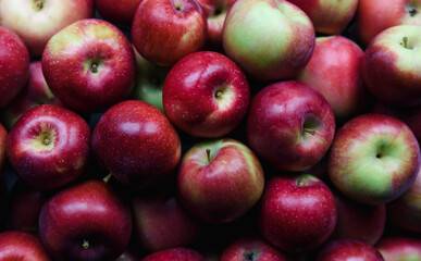Close up of many ripe red apples filling the frame.