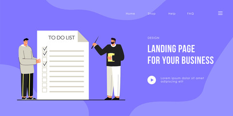 Cartoon teacher and student standing near giant to do list. Flat vector illustration. Man with pointer and young guy checking to do list. Planning, time management, mentoring, education concept