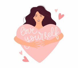 Love yourself concept with young woman holding a heart. Modern flat style self love vector illustration with lettering. Mental health, body positive, self care, women's day card with cute girl.