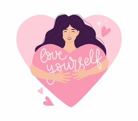 Love yourself concept with young woman holding a heart. Modern flat style self love vector illustration with lettering. Mental health, body positive, self care, women's day card with cute girl.
