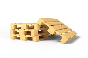 3d render illustration wooden pallets isolated on white background. Realistic empty warehouse platforms for shipping boxes. Packaging and transportation of goods. Stack of wood tray. Euro pallets.
