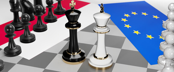 Poland and EU Europe - talks, debate, dialog or a confrontation between those two countries shown as two chess kings with flags that symbolize art of meetings and negotiations, 3d illustration