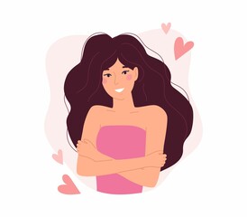 Love yourself concept with cute girl hugging herself. Flat style vector illustration. Trendy design for self love, mental health, self care, Women'day, body positive, healthcare concept.