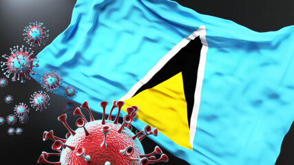 Saint Lucia and the covid pandemic - corona virus attacking national flag of Saint Lucia to symbolize the fight, struggle and the virus presence in this country, 3d illustration