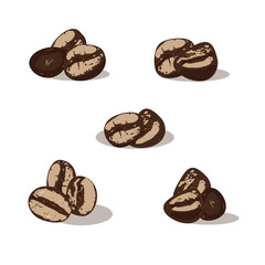 set of coffee beans without transparency and gradients on a white background