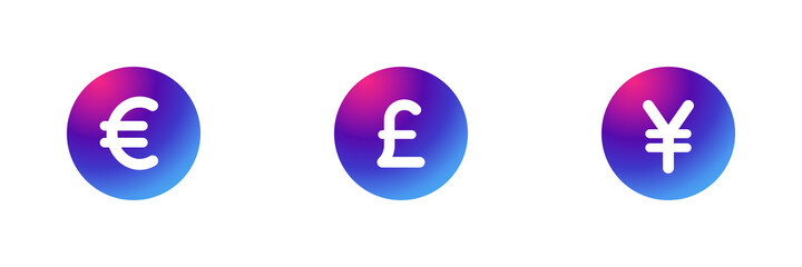 Set of 3 currency symbols on purple gradient background. Euro , British pound and Yen icons.