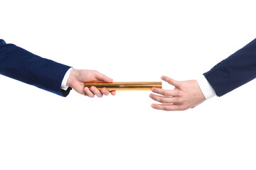 Businessman passing baton to his partner on white background, closeup