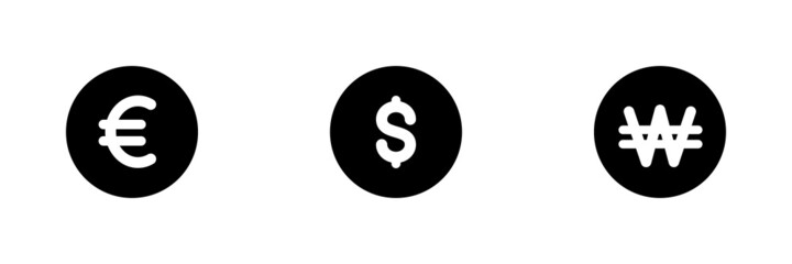 Set of 3 currency symbols. Euro, Dollar and Won icons.