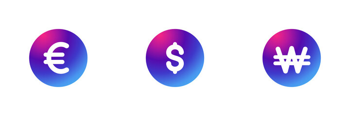 Obraz premium Set of 3 currency symbols on purple gradient background. Euro , Dollar and Won icons.