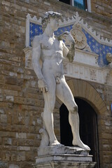 Michelangelo's David in front of Palazzo Vecchio. Copy of Michelangelo Buonarroti's sculpture in Carrara marble. .