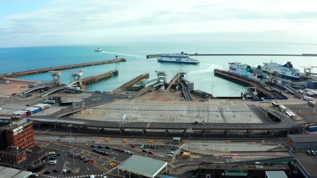 Aerial view of harbor and trucks parked along side each other getting ready for embarking the Dover Ferry to Calais