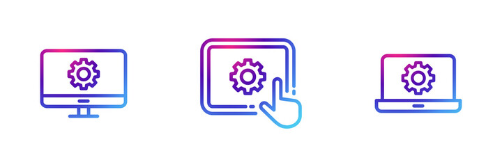 Set of 3 smart devices with gear icon with purple gradient effect.