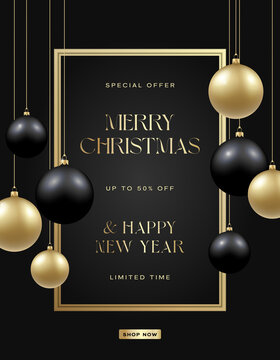 Christmas Black and Golden Baubles on Dark Background. Modern Golden Glitter Greetings Classic Frame Template. Winter Holiday Social Media Card or Poster Mockup New Year 3D Ball Social Network Banner