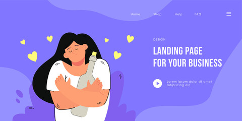 Happy girl hugging bottle of vine. Flat vector illustration. Woman being in good mood and holding glass bottle of alcohol with cork. Drinking, alcohol, lifestyle, addiction concept for banner design