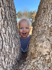 Toddler laughing through tree trunks with hair sticking up