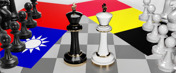 Taiwan and Belgium - talks, debate, dialog or a confrontation between those two countries shown as two chess kings with flags that symbolize art of meetings and negotiations, 3d illustration