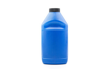 Blue measuring bottle with black lid. Brake fluid.
