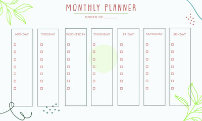 Monthly planner with abstract pattern design, vector. Modern design with stationery organizer for daily plans, floral vector weekly planner template, schedules