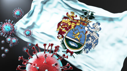 Bekescsaba and covid pandemic - virus attacking a city flag of Bekescsaba as a symbol of a fight and struggle with the virus pandemic in this city, 3d illustration