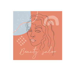 Fototapeta premium Beauty Studio template. Colorful coral poster with abstract shape, dots, inscription and portrait of beautiful woman. Design element for cover and advertising banner. Cartoon flat vector illustration
