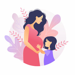 Little Girl and Her Pregnant Mom. Beautiful pregnant woman with her daughter. Happy family. Child hugs belly of pregnant mother. Vector illustrations