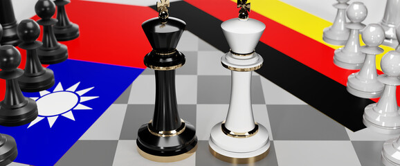 Taiwan and Germany - talks, debate, dialog or a confrontation between those two countries shown as two chess kings with flags that symbolize art of meetings and negotiations, 3d illustration