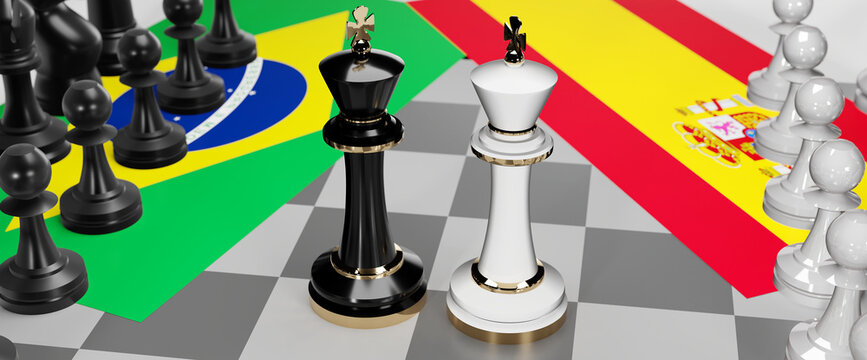 Brazil and Spain - talks, debate, dialog or a confrontation between those two countries shown as two chess kings with flags that symbolize art of meetings and negotiations, 3d illustration