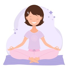 Young woman practicing yoga in lotus pose. Cheerful Yoga Girl mediteiting. Concept illustration for yoga, meditation, relaxation, recreation, healthy lifestyle, self care. Vector in flat cartoon style