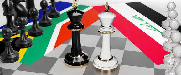 South Africa and Iraq - talks, debate, dialog or a confrontation between those two countries shown as two chess kings with flags that symbolize art of meetings and negotiations, 3d illustration