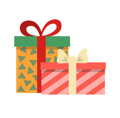 Colorful Christmas Sticker. Bright gift boxes with ribbons, bows and ornaments. Surprise for New Year. Design element for greeting cards. Cartoon flat vector illustration isolated on white background