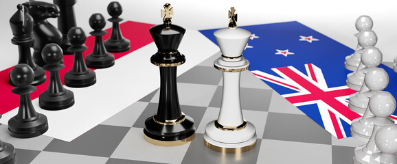 Poland and New Zealand - talks, debate, dialog or a confrontation between those two countries shown as two chess kings with flags that symbolize art of meetings and negotiations, 3d illustration