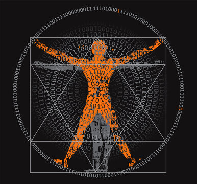 Vitruvian man with binary code,symbol of digital age.
Stylized drawing of vitruvian man with spiral of binary codes on black background. Vector available.