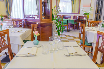 Classic dining room in luxury restaurant, hotel.