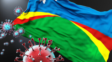Biddinghuizen and covid pandemic - virus attacking a city flag of Biddinghuizen as a symbol of a fight and struggle with the virus pandemic in this city, 3d illustration