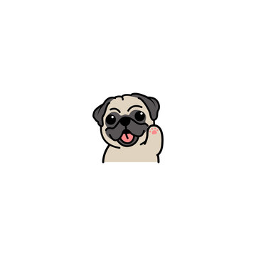 Cute pug dog waving paw cartoon icon, vector illustration