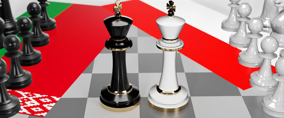 Belarus and Indonesia - talks, debate, dialog or a confrontation between those two countries shown as two chess kings with flags that symbolize art of meetings and negotiations, 3d illustration