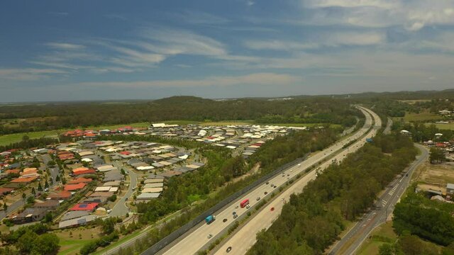 Traffic Aerial Ormeau M1 Motorway Highway towards Gold Coast, Queensland, Australia 
