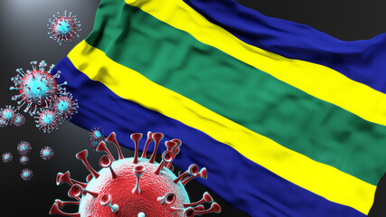 Bar Montenegro and covid pandemic - virus attacking a city flag of Bar Montenegro as a symbol of a fight and struggle with the virus pandemic in this city, 3d illustration