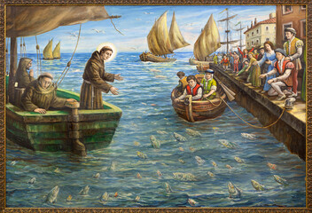 ROME, ITALY - SEPTEMBER 2, 2021: The painting of St Anthony Preaching to the Fish in the church...