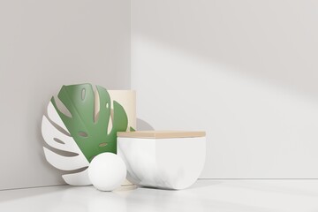 3d render of abstract pedestal podium display with Tropical Monstera leaves. Product and promotion concept for advertising. Green natural background.