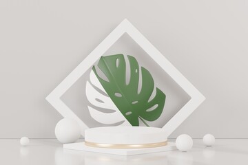 3d render of abstract pedestal podium display with Tropical Monstera leaves. Product and promotion concept for advertising. Green natural background.