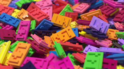 Heap of stylized pixilated Non Fungible Tokens made of plastic close up view