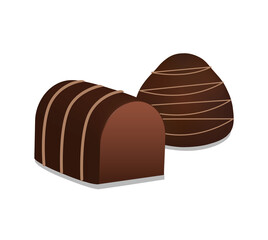 Bitter or milk chocolate icon. Stickers with delicious cocoa candies of various shape. Sweet food. Design element for social network. Cartoon realistic vector illustration isolated on white background