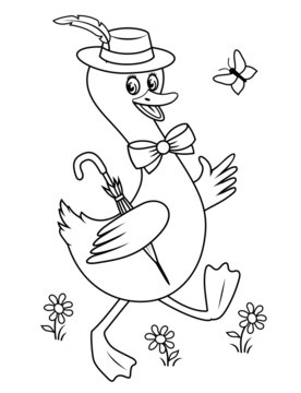 Cartoon Duck (Goose) in hat with umbrella. Coloring page for kids.