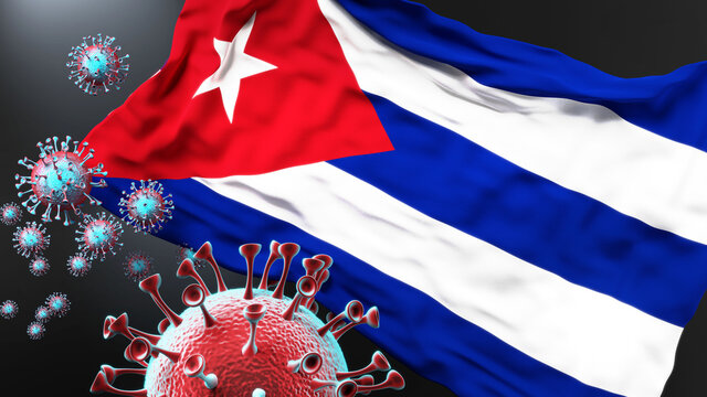 Cuba and the covid pandemic - corona virus attacking national flag of Cuba to symbolize the fight, struggle and the virus presence in this country, 3d illustration