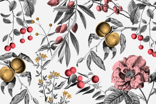 Vintage rose pattern vector pink botanical and fruits illustration