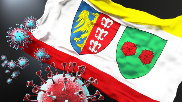 Bielsko Biala and covid pandemic - virus attacking a city flag of Bielsko Biala as a symbol of a fight and struggle with the virus pandemic in this city, 3d illustration