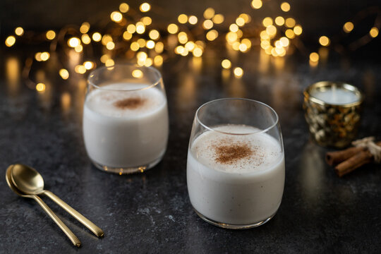 Vegan Dairy-free Eggnog  For Christmas. Alternative Version Of The Holiday Drink With Almond Milk And Spices. Selective Focus.