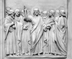 Fototapeta na wymiar ROME, ITALY - SEPTEMBER 2, 2021: The relief of Jesus among the apostles on the pulpit in the church Basilica di Sant' Antonio al Laterano by workroom Gazzeri di Querceta (1939).